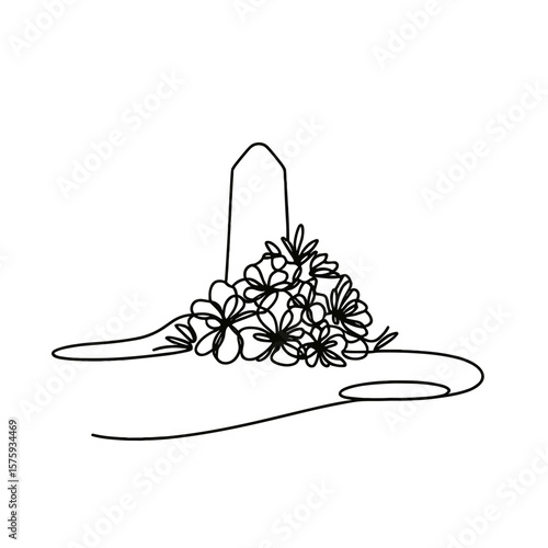 Grave mound with flowers in simple line art style  