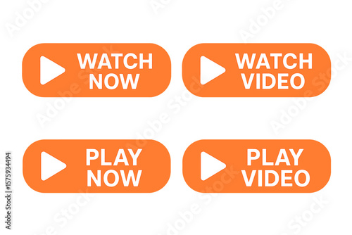 Set of 4 modern orange play and watch now video buttons. Flat style media icons for web, streaming, online video, UI, UX, call to action, interactive player interface
