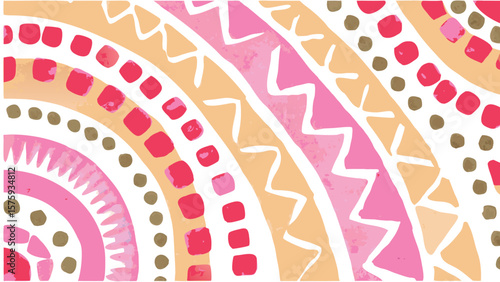 Watercolor style abstract pattern featuring concentric arcs with geometric shapes and pink hues