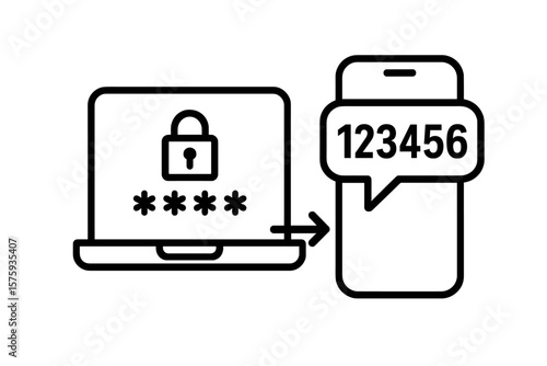 Two step authentication icon. Secure login with password and verification code. 2FA authorization. Two factor authentication. Push code message on phone. Cybersecurity access concept