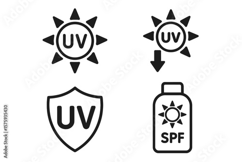 UV Protection Icon Set. Sun UV Radiation, Ultraviolet Shield, Sunscreen SPF Bottle, Skincare Safety, Cosmetic Label, Sunblock, Sun Care, Vector Illustration, Dermatology Concept