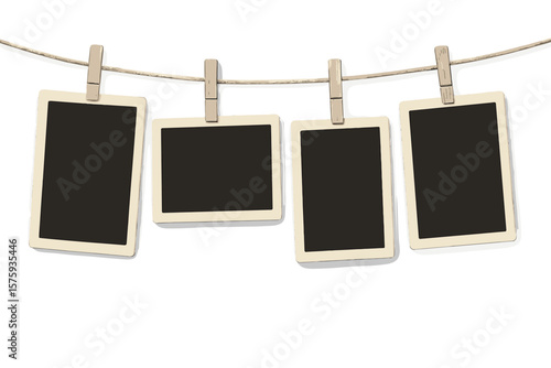 Hanging Vintage Photo Frames on Rope with Wooden Clothespins, Set of 4 Blank Retro Frames, Realistic Detailed Icon Template, Empty Polaroid Frames, Horizontal and Vertical Layout