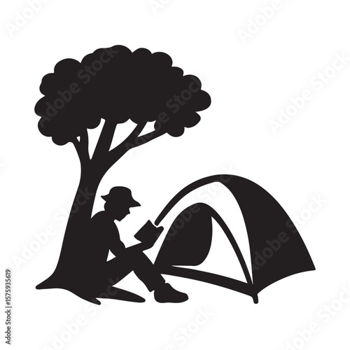 Silhouette of a person reading a book under a tree next to a tent in a camping scene illustration