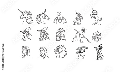 Fantasy creature line icons