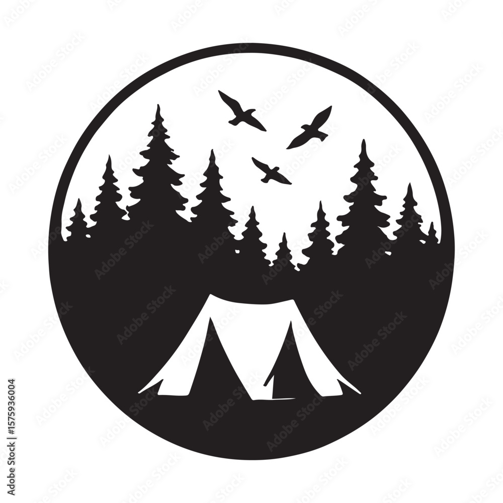 Obraz premium Black and white camping scene with tent, trees, and birds in a circular frame design element