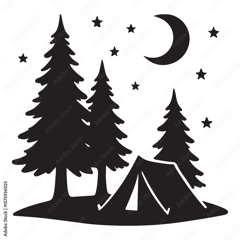 Obraz premium Silhouette of a camping tent under the stars and moon with trees in a black and white illustration