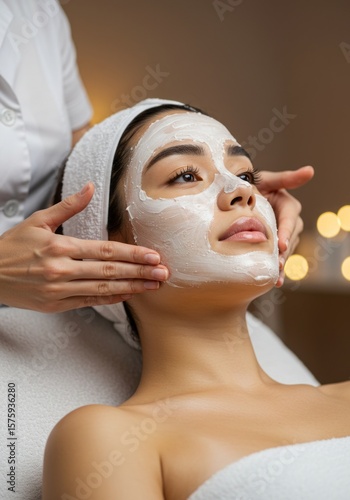 Attractive young adult woman applying facial cream The face of a woman getting a spa treatment