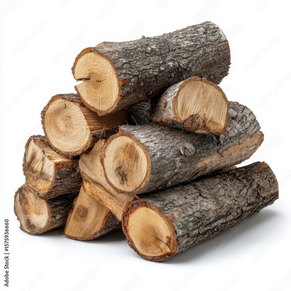 A pile of rough barked firewood logs stacked neatly isolated on white background A pile of rough barked firewood logs stacked neatly isolated on white background