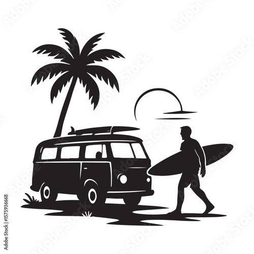Silhouette of a palm tree van and surfer with a surfboard against a sunset graphic illustration