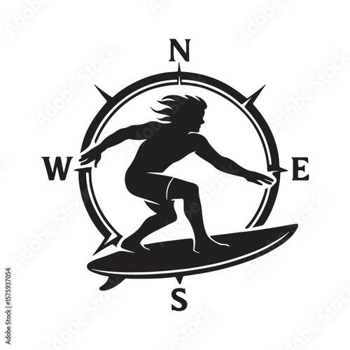 Silhouette of surfer riding surfboard inside compass rose with north south east and west directions