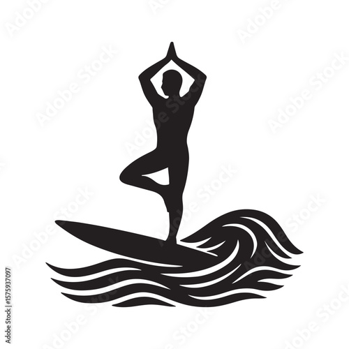A silhouette of a man doing yoga on a surfboard amidst stylized waves in a black and white image