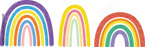 Linocut, lino ink rainbow arch hand printed vector set. Textured grungy scuffed grainy uneven colorful stripes, LGBTQ Gay pride illustration, text background,