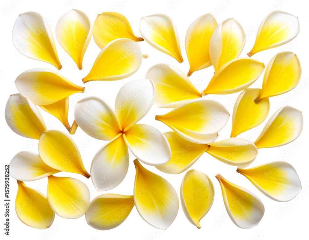 Obraz premium Flat Lay of Scattered White and Yellow Champaka Petals – PNG Transparent