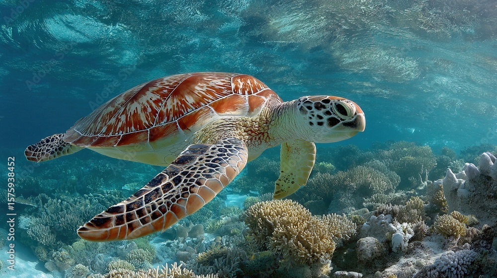 Fototapeta premium A vibrant underwater scene featuring a sea turtle swimming over a colorful coral reef.