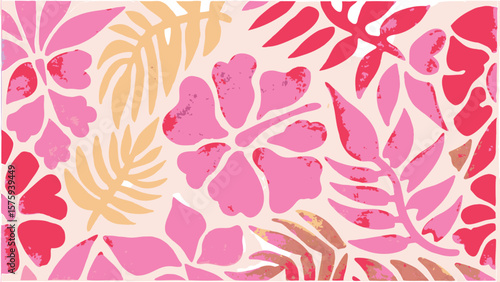 Floral pattern with pink hibiscus flowers and golden palm leaves on a light background design art