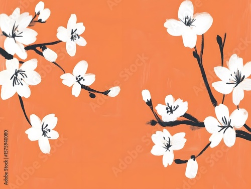 Elegant Orange Background with White Cherry Blossoms