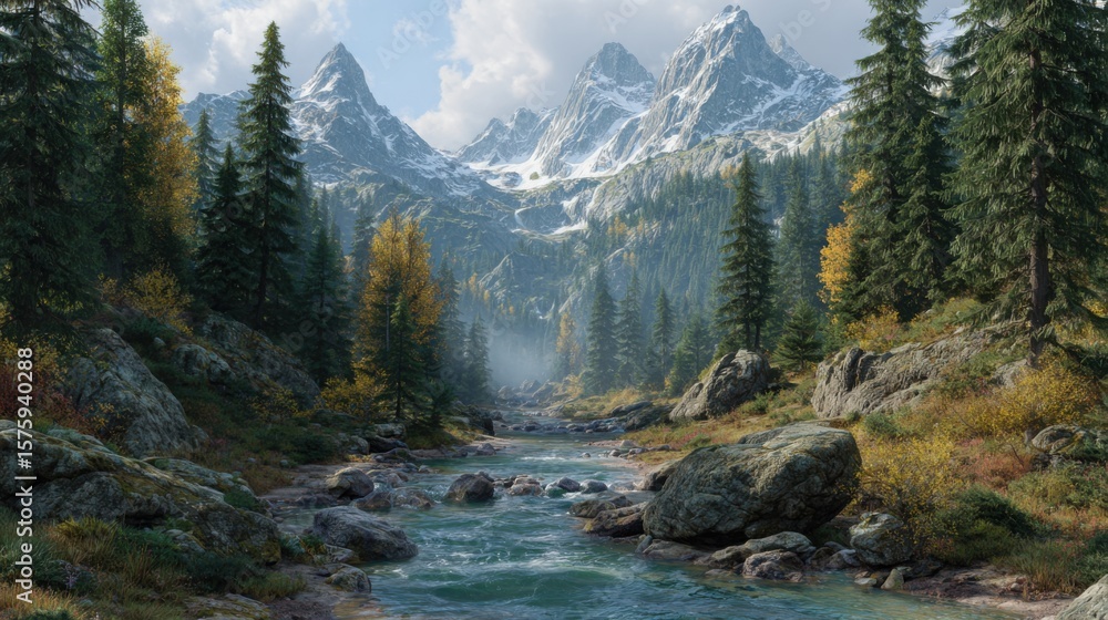 Obraz premium A breathtaking landscape features snow-capped mountains with a river running through it