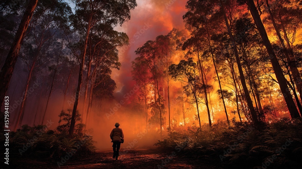Fototapeta premium A lone firefighter battles a raging forest wildfire, surrounded by towering trees engulfed in intense flames and thick smoke.