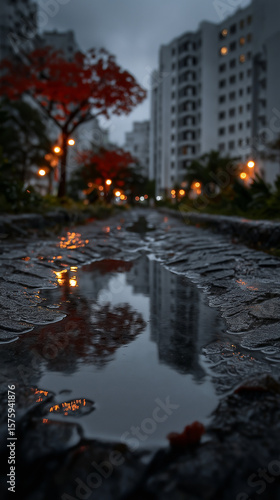 autumn in the city, water puddle, apartment buildings, lights.