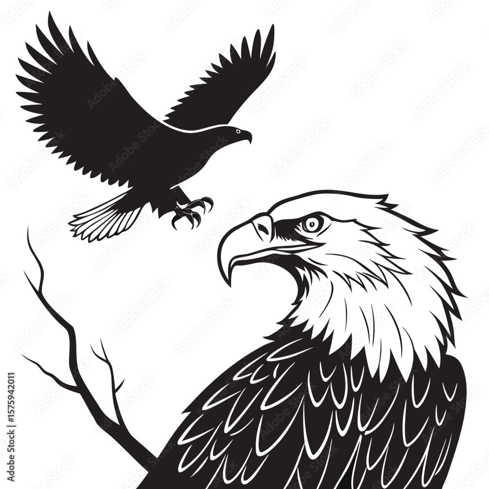 Obraz premium Black and White Eagle Illustration Two Eagles Bird Wildlife