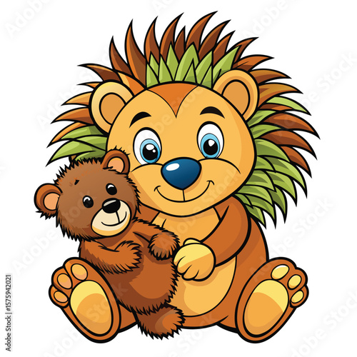 Cartoon hedgehog holding a teddy bear