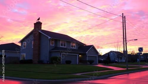 Suburban street scene with a bird on a chimney during a vibrant pink and yellow sunset