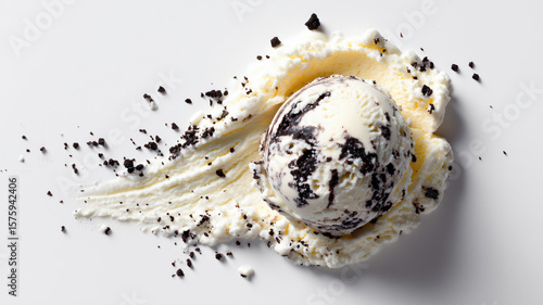 A scoop of vanilla ice cream with chocolate chip cookie pieces, gently spread on a white surface, with crunchy crumbs all around.