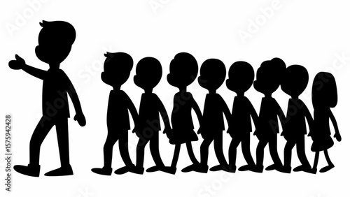 Silhouette illustration of a leader guiding a group of children holding hands in a straight line forward