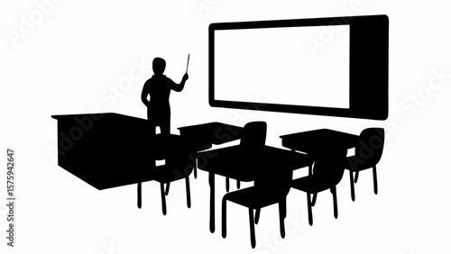 Silhouette of a teacher with a pointer in front of a whiteboard in a classroom with desks and chairs
