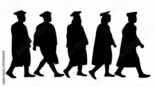 Silhouettes of five graduates in caps and gowns walking in a line against a white background scene image