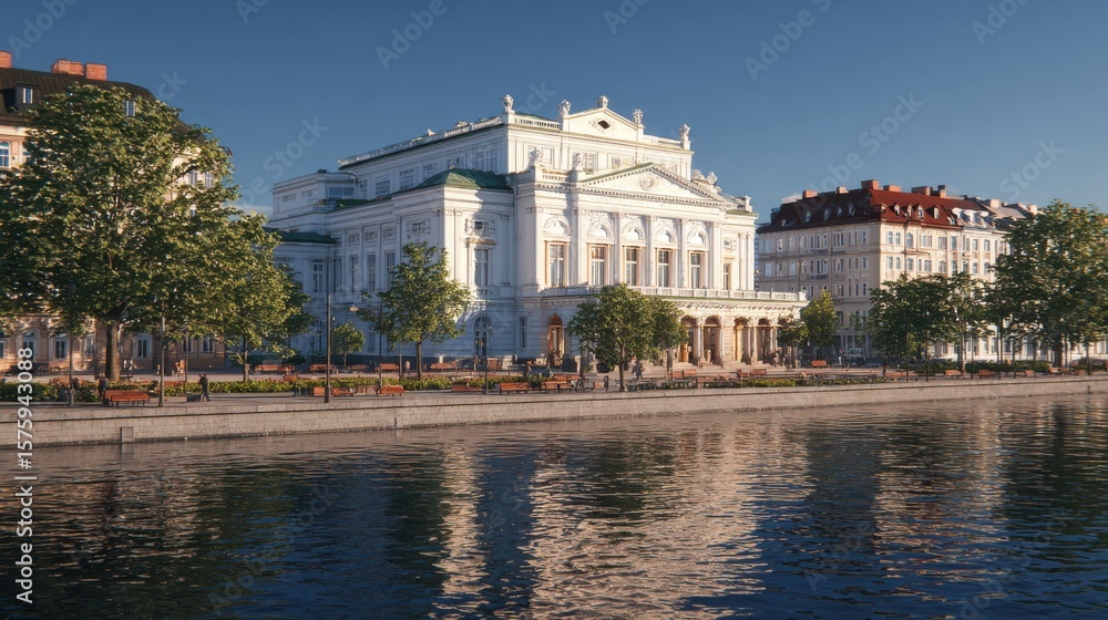 Obraz premium A beautiful historical building reflected in the tranquil water. The building is surrounded by greenery and the sky is blue.