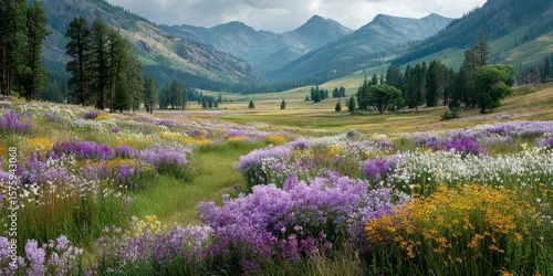 Fototapeta Naklejka Na Ścianę i Meble -  Vibrant spring meadow filled with wildflowers against majestic mountain backdrop