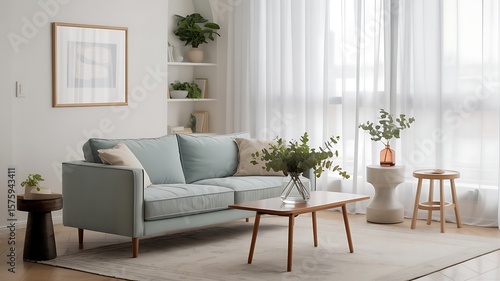 Light blue sofa with plants and modern furniture pillows coffee