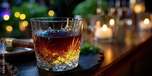 Glass of whiskey with cigar and candles in a cozy setting during evening relaxation