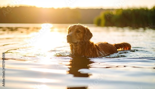 Golden Retriever swimming in lake at sunset