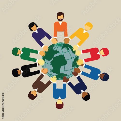 Solid color vector showing democratic empowerment: handshake, torch, courthouse, checklist, raised fists of diverse people, and globe breaking chains for freedom and equality.