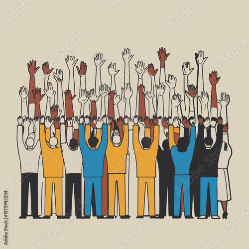 Solid color vector showing democratic empowerment: handshake, torch, courthouse, checklist, raised fists of diverse people, and globe breaking chains for freedom and equality.