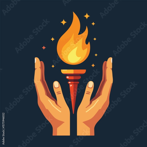 Solid color vector showing democratic empowerment: handshake, torch, courthouse, checklist, raised fists of diverse people, and globe breaking chains for freedom and equality.