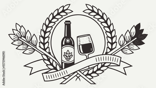 Elegant Beer Emblem A Stylish Vector Badge Design with a Bottle, Glass, Ribbon, and Wheat Wreath for Craft Breweries and Beer Enthusiasts