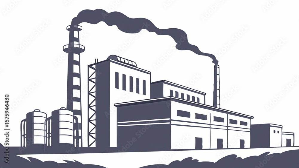 Obraz premium Industrial Factory Illustration with Smoke and Silhouetted Structures
