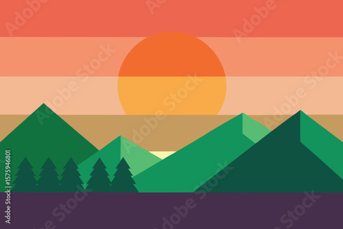 Geometric Sunset Mountain Landscape Minimalist Art Print Ai Generated