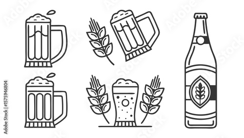 Craft Beer Vector Icon Set Minimalist Pint Glass, Wheat and Bottle Illustrations for Brewery Designs & Bar Menus, Creative Graphic Assets