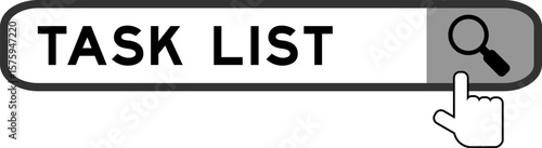 Search banner in word task list with hand over magnifier icon on white background