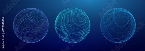 Abstract 3D Particle Globe Set with Digital Sphere and Dot Tech Background Pattern. Vector Network for Science or Medical World Illustration. Isolated AI Data Mesh with Wireframe Effect.
