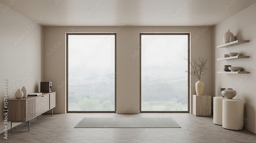 Fototapeta premium Serene neutral living space with large windows and minimalist decor room