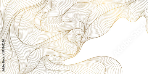 Vector abstract wave gold line background, light luxury graphic texture. Premium water, sea, river flow ornament, japanese silk elegant curve art