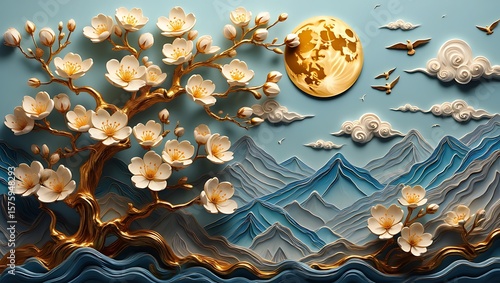 Japanese art with blossoms and mountain landscape, Cherry blossom trees with a golden moon, mountain range, and birds in a decorative style
