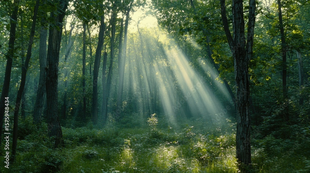 Obraz premium Sunlight streams through a dense forest.