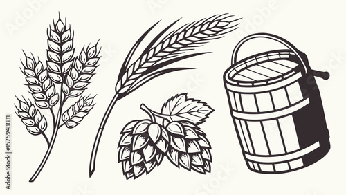 Vintage Badge-Style Vector Icons of Brewing Ingredients Including Hops, Barley, Wheat, Yeast, and Water Perfect for Craft Beer Branding and Brewery Label Design