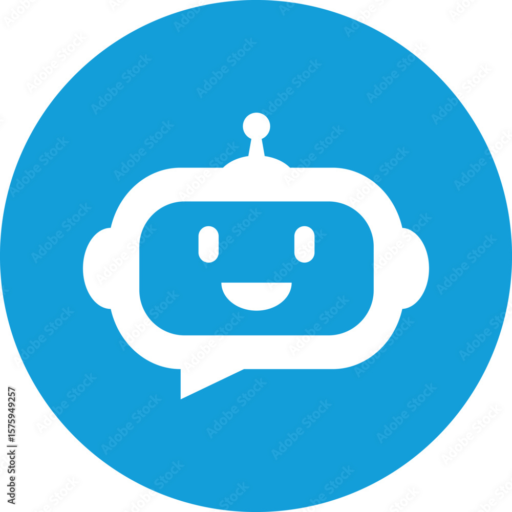 Fototapeta premium White chatbot icon with smiling face inside speech bubble on blue circle background for AI support 